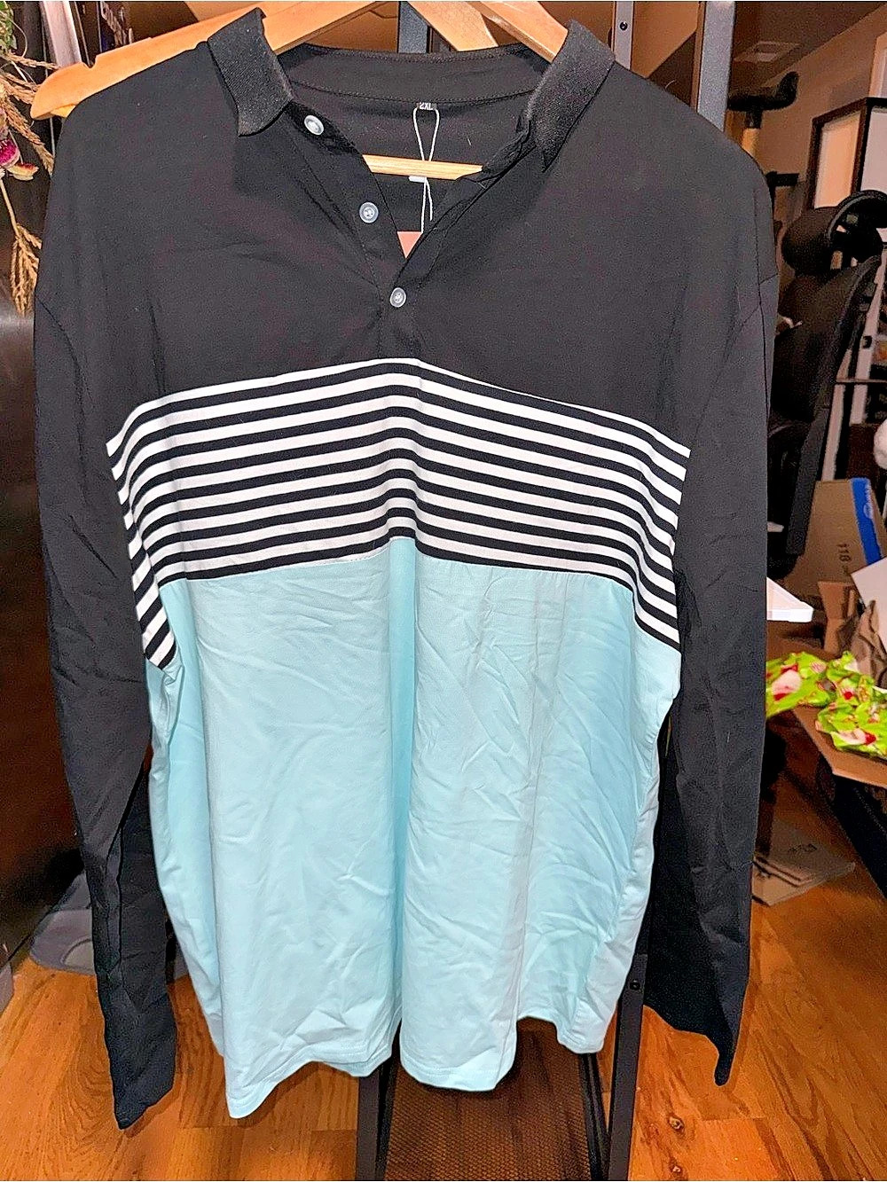 LOGEEYAR Men's Colorblock Striped Long Sleeve Polo Shirt Black & Blue 2